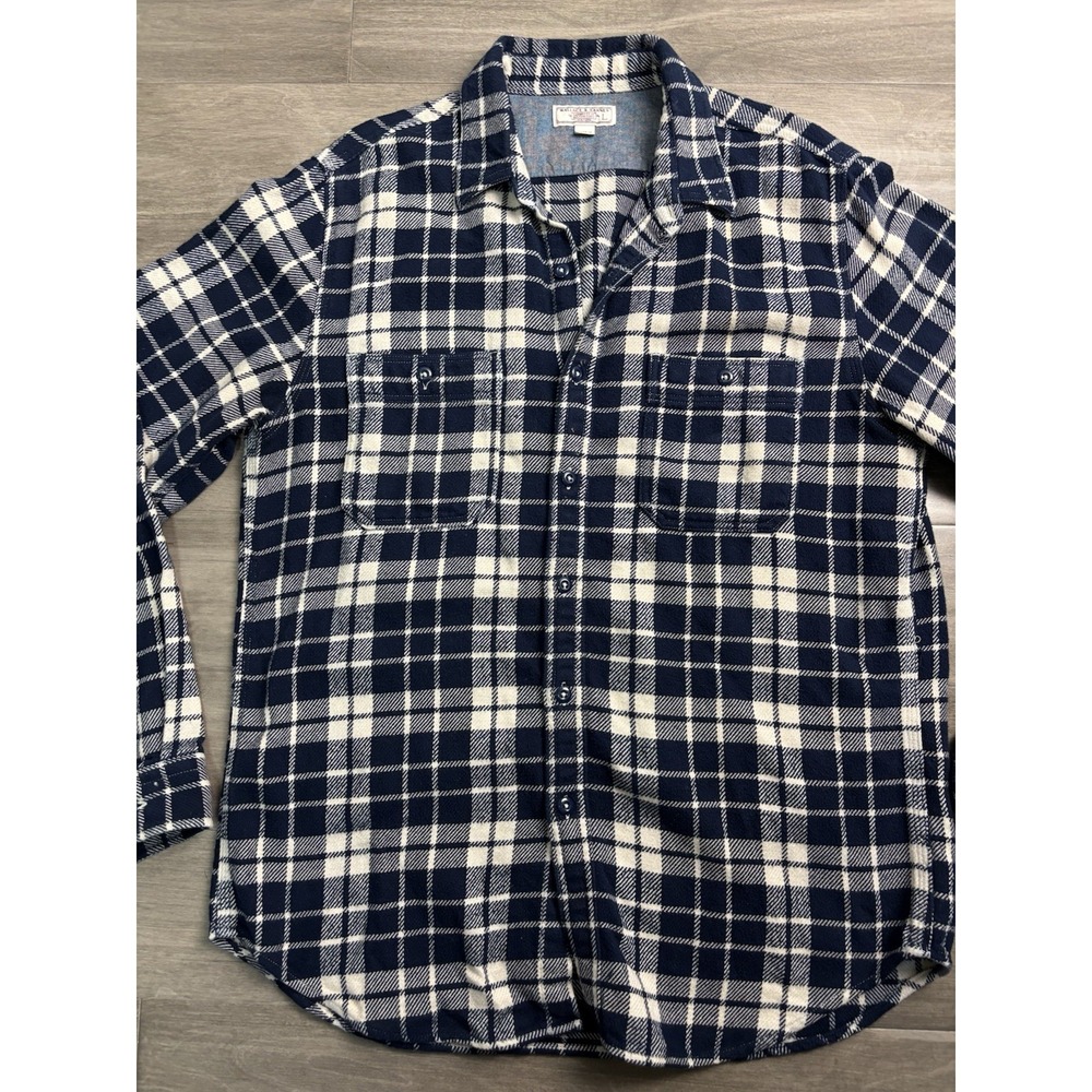 Wallace & Barnes Shirt Mens L Heavyweight Flannel Shirt Plaid Cotton Blue Check